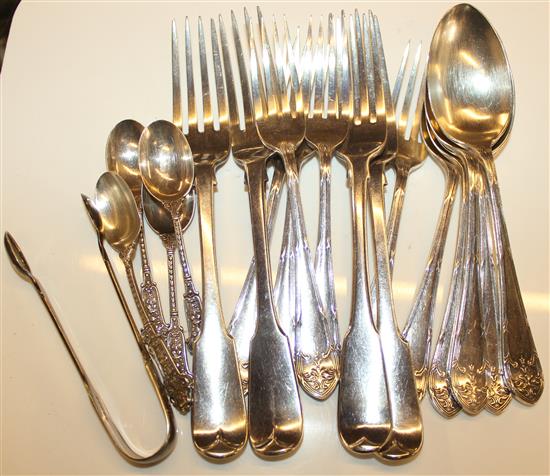 Four Georgian silver forks & 5 dessert forks, spoons & sugar tongs